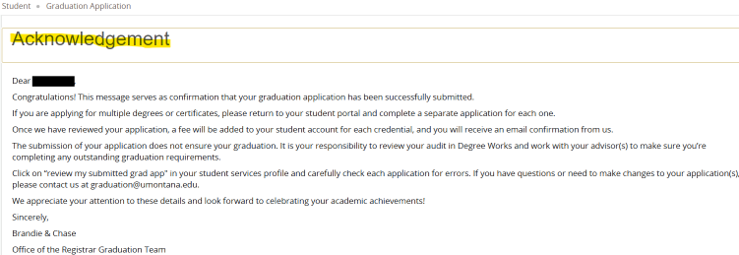 Screenshot of a student portal page titled “Acknowledgement,” confirming a graduation application has been successfully submitted and providing next steps and contact information.