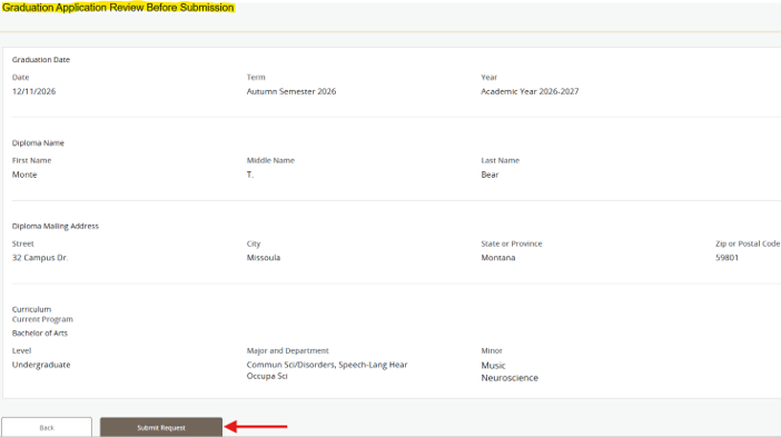 Screenshot of a “Graduation Application Review Before Submission” page showing graduation date, term and year, student name and mailing address, curriculum details, and a Submit Request button with a红