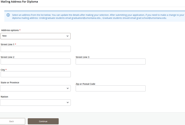 Online form titled “Mailing Address For Diploma” with fields for street lines, city, state/province, ZIP/postal code, and nation, plus Back and Continue buttons.