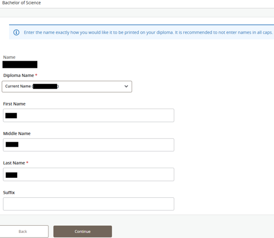 Online Bachelor of Science form for entering a diploma name, with fields for first, middle, and last name, suffix, and a Continue button.