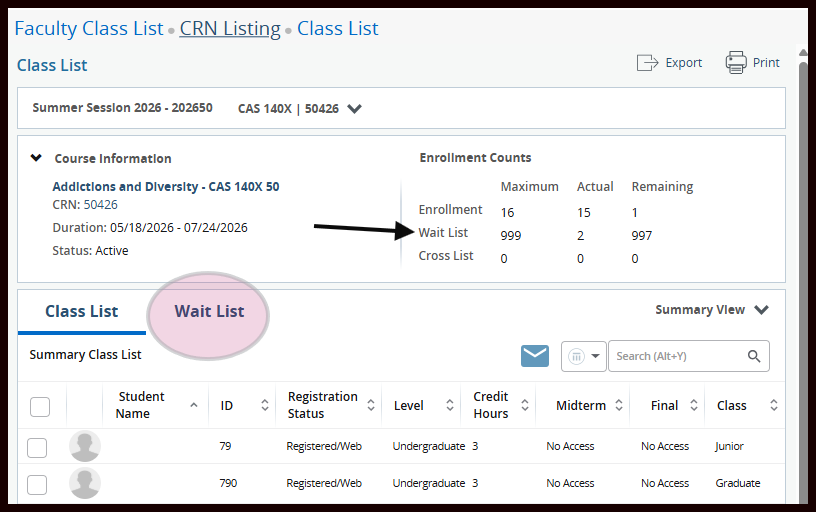 sample of class list menu with waitlist circled and an arrow pointing to the waitlist total