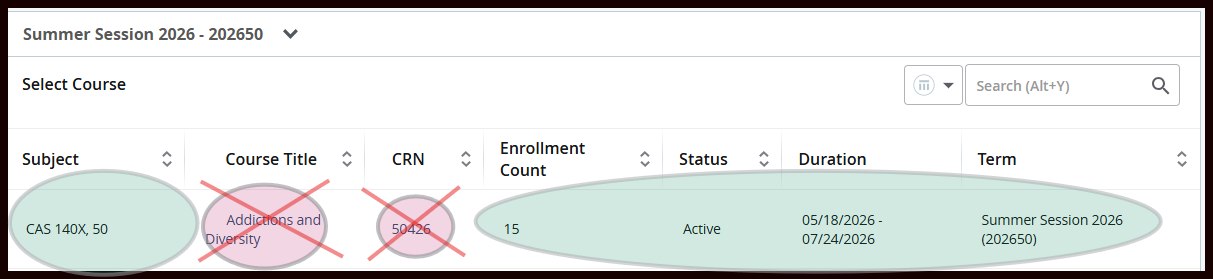 image of class list row with the course title and crn crossed out