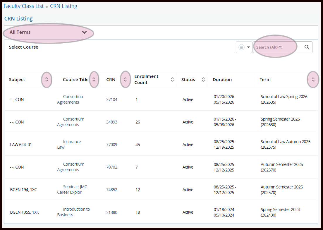 sample of faculty class list with search, sort, and filter options circled