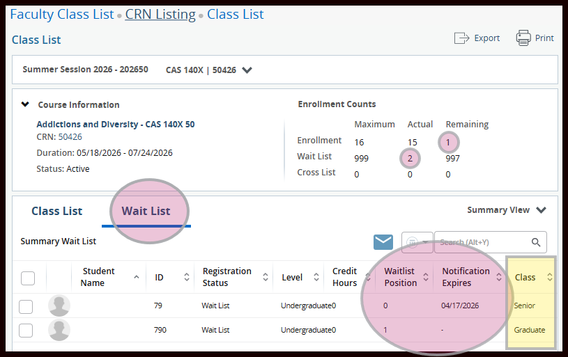 waitlist with student waitlist position and class standing highlighted