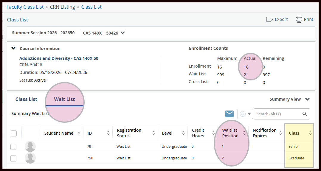 class list with waitlist, waitlist position, class, and actual enrollment counts highlighted
