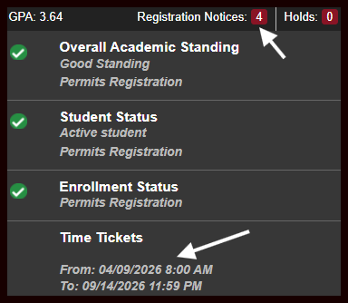 Screenshot of the registration notices dropdown located on the Student Profile page in GrizPortal. Access this page by searching for the Student Profile card on the GrizPortal homepage.