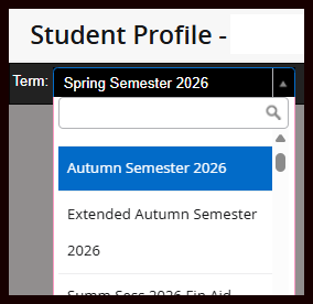Term selection drop-down menu showing the default term is spring 2026 and needs to be changed to autumn 2026