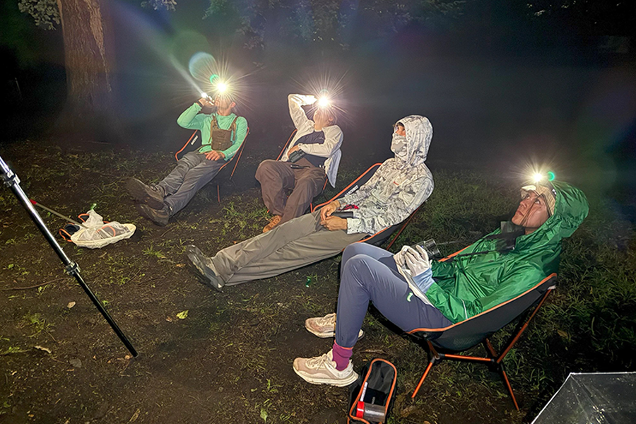 UM students watch an area frequented by rhinoceros beetles in Atsugi, Japan 