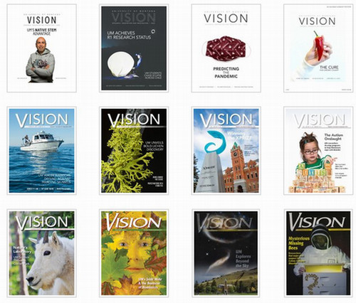 a screenshot of the various covers of Vision, UM's annual research magazine