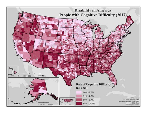 US map showing rates of cognitive difficulty. Text description on page.