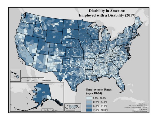 US map showing rates of people with disability employed. Text description on page.