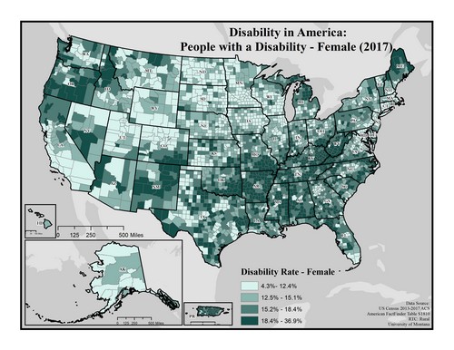 US map showing rate of females with disability by county. Text description on page.