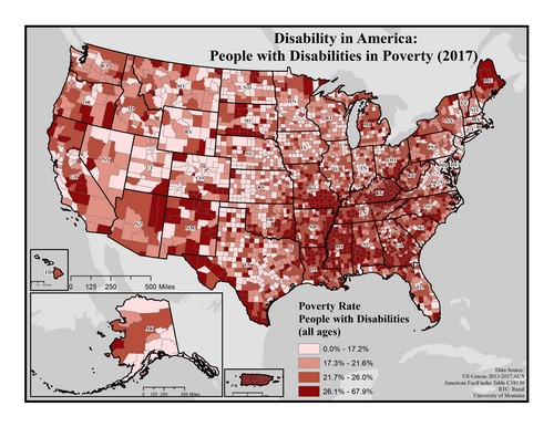 map of the US showing poverty rates of people with disability. See page for text description.