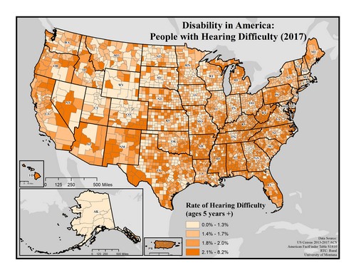 US map showing rates of hearing difficulty. Text description on page.