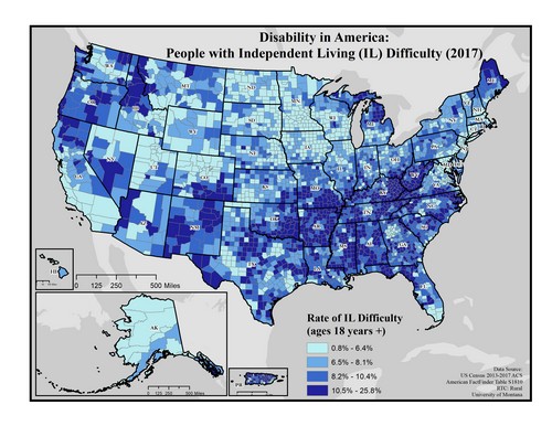 US map showing rates of IL difficulty. Text description on page. 