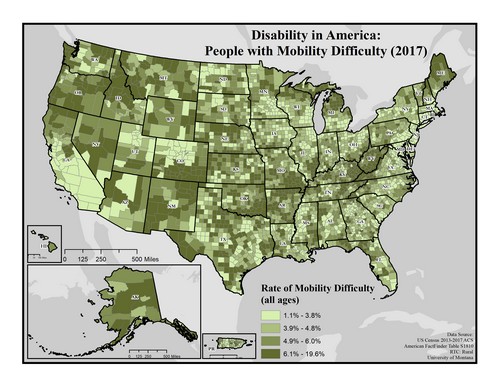 US map showing rates of mobility difficulty. Text description on page.