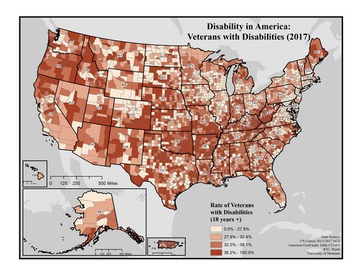 map of the US showing rates of veterans with disability by county. See page for text description.