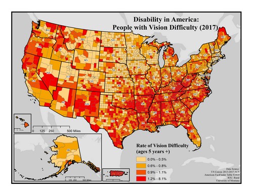 US map showing rates of people with vision impairment. Text description on page.