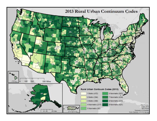 US map showing 2013 Rural Urban Continuum Codes. Text description on page.