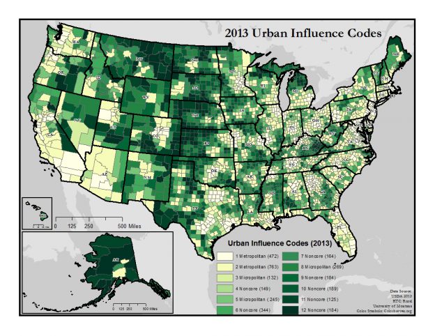 US map showing 2013 Urban Influence Codes. Text description on page.
