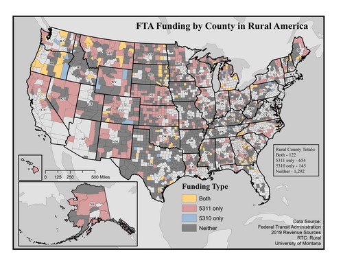 map of US showing type of FTA funding received in rural counties.