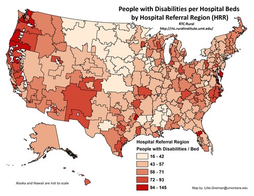 US map that outlines hospital referral regions and shows rate of people with disabilities per hospital bed. Text description on page.  