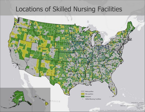 US map showing locations of skilled nursing facilities. Text description on page.