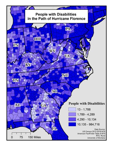 Map of part of the US showing number of people with disability in the path of Hurricane Florence. Text description on page. 