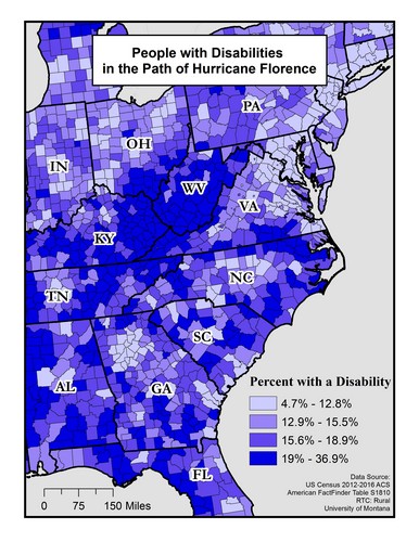 Map of part of the Eastern US showing percent of people with disabilities in the path of Hurricane Florence. Text description on page.