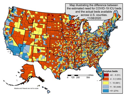 Map of the U.S. showing the difference between expected need for ICU beds and local availability by county. Text description below. 