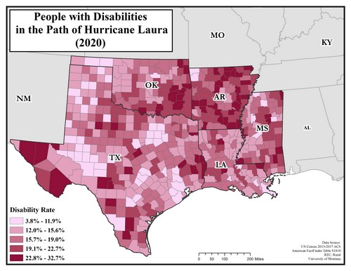 Map of TX, OK, AR, LA, MS showing rates of people with disabilities in the path of Hurricane Laura. Text description on page. 