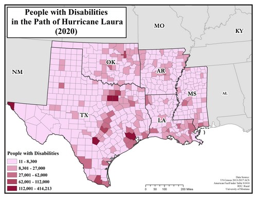 Map of TX, OK, AR, LA, MS showing number of people with disabilities in the path of Hurricane Laura. Text description on page.