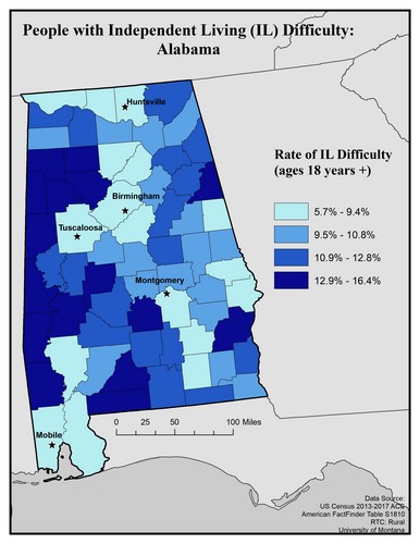 Map of AL showing rates of IL difficulty. Text description on page.
