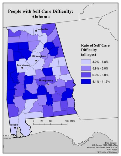 Map of AL showing rates of self-care difficulty. Text description on page.