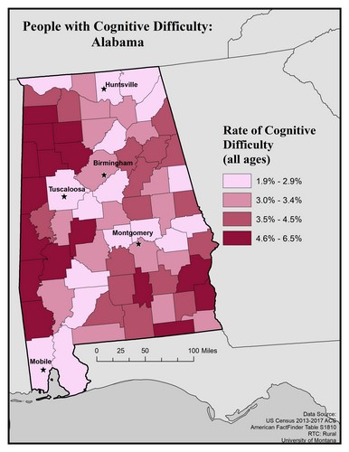 Map of AL showing rates of cognitive difficulty. Text description on page.
