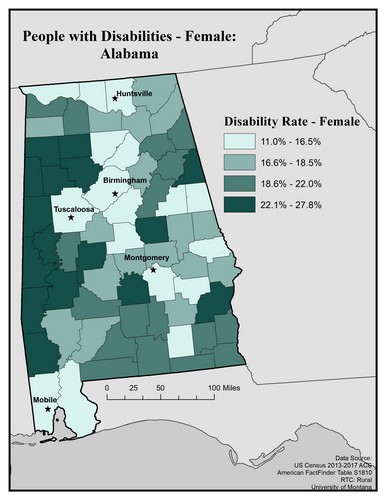 Map of Alabama showing rates of disability among females. Text description on page. 