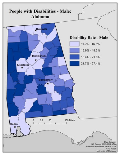 Map of AL showing rates of disability among males. Text description on page. 