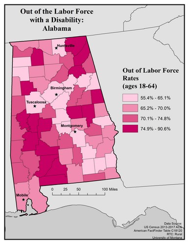 Map of AL showing rates of people with disability out of labor force. Text description on page.