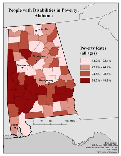 Map of AL showing rates of people with disabilities in poverty. Text description on page.
