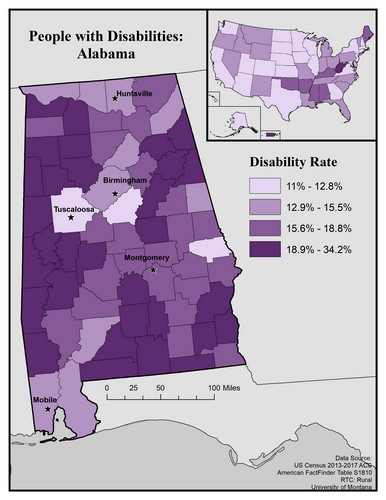 map of AL showing disability rate by county. Text description on page. 