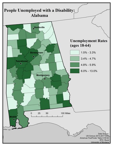 Map of Al showing rates of unemployment for people with disabilities. Text description on page.