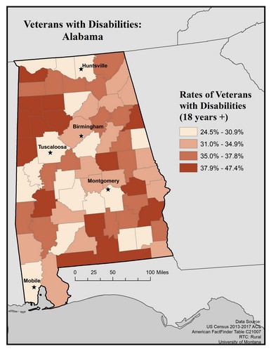 Map of Al showing rates of veterans with disability. Text description on page.