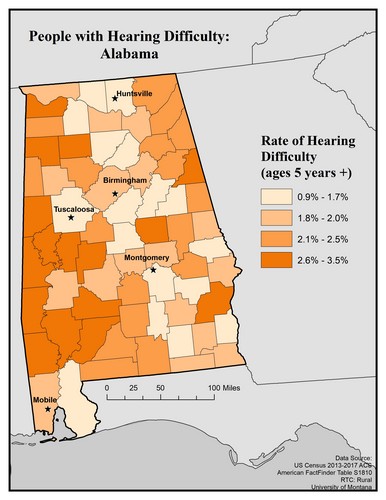Map of AL showing rates of hearing impairment by county. Text description on page. 
