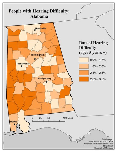 Map of AL showing rates of hearing impairment by county. Text description on page. 