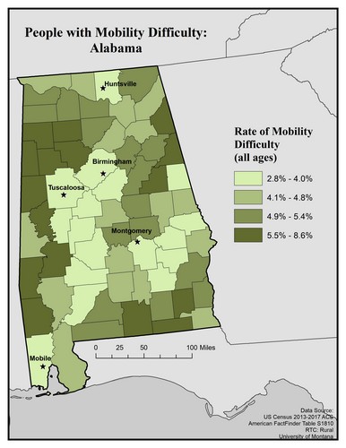 Map of AL showing rates of mobility difficulty. Text description on page.