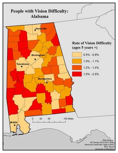 Map of AL showing rates of vision difficulty by county. Text description on page.