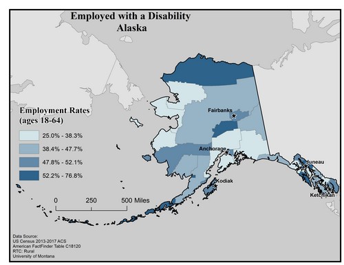 Map of AK showing rates of people with disability employed. Text description on page.