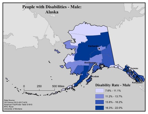 Map of AK showing rates of disability among males. Text description on page. 