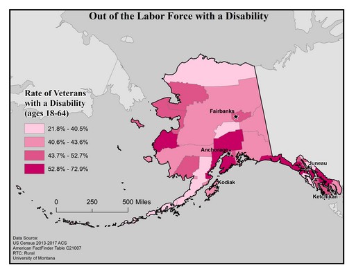 Map of AK showing rates of people with disability out of labor force. Text description on page.