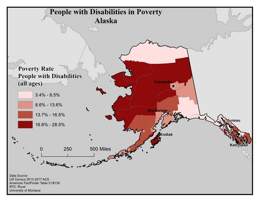 Map of AK showing rates of people with disabilities in poverty. Text description on page.